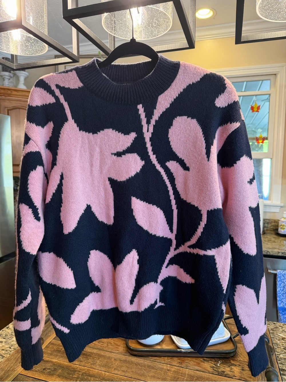 Ann Taylor Black and Pink Floral Crewneck Sweater